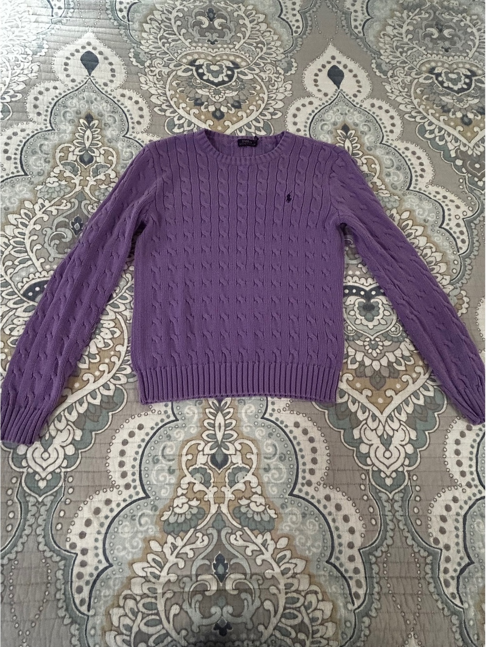 Polo Ralph Lauren Purple Cable Knit Cotton Sweater, Size Large